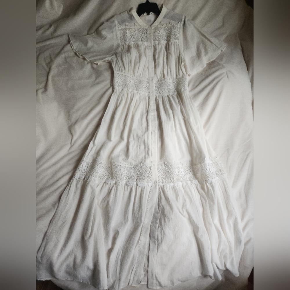 H&M Lace-inset Cotton Maxi Dress Tiered Woven Unlined/See Through White  NWT - Picture 5 of 15